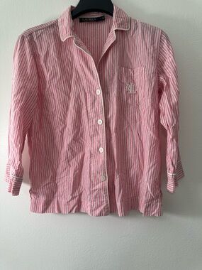 Lauren Ralph Lauren Pajama Top Striped Pink White Blue RL Logo Size S